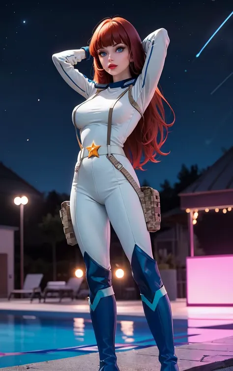 ((masterpiece, best quality)), insaneres, absurdres, solo, looking at viewer,
CARTOON_AdventuresofGalaxyRangers,
1girl, long hair, brown hair, bangs, blunt bangs, makeup, lipstick, lips, blue eyes, red hair, large breasts, very long hair,
skin tight, belt, bodysuit, uniform, boots, holster, spacesuit, military, gloves,
(sitting, spread legs), bathtub, window shade, <lora:CARTOON_AdventuresofGalaxyRangers:0.9>,
depth of field, light particles,