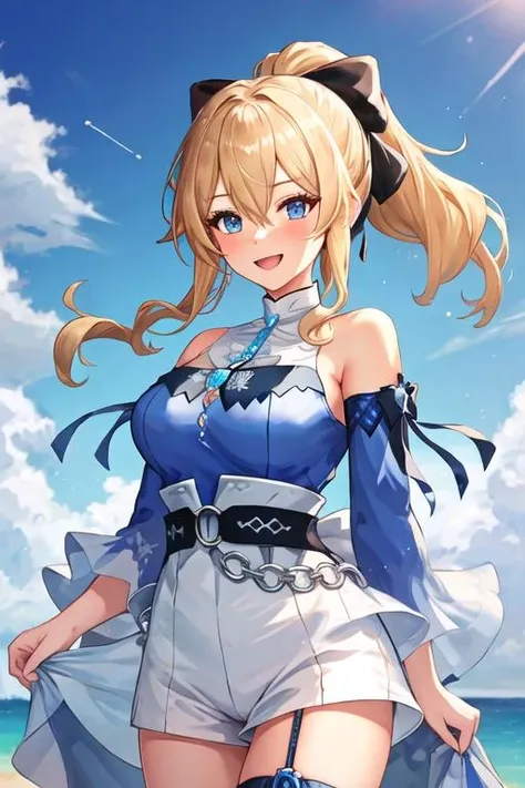 best quality, masterpiece, highres, solo, {jean_genshin:1.15}, blonde_hair, blue_eyes, bangs, ponytail, long_hair, sidelocks, breasts, hair_between_eyes, bow, hair_bow, blush, large_breasts, 1girl, bare_shoulders, blue_sky, detached_sleeves, looking_at_viewer, sky, smile, cloud, official_alternate_costume, shirt, black_bow, open_mouth, day