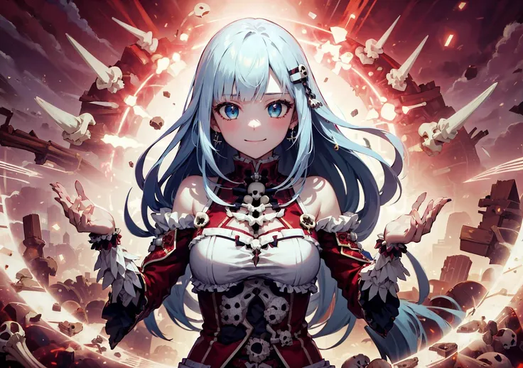 masterpiece, best quality, highres, 1girl, aatsumugi, (sky blue hair:1.2), long hair, low-tied long hair, blunt bangs, hairclip, bonemagic , energy stream, <lora:shiraishi_tsumugi_v1:0.7>, looking at viewers, smile, upperbody, Transmutation, Transformation, evil smile,