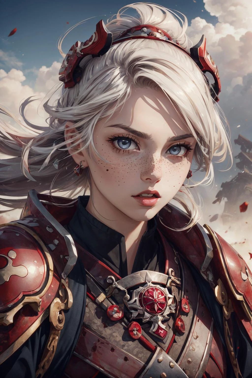 maximum details, cinematic, abstract art, stylized, <lora:add_detail:0.5>, <lora:epi_noiseoffset2:0.5>,
1 girl, adult jewish woman, freckles, ruby eyes, white quiff hair,
portrait, solo, (full body:0.6), looking away, detailed background, detailed face, (<lora:BoneMagic:0.6>, bonemagic theme:1.1), shogun, pink samurai armor, samurai helmet, aggressive expression, samurai crest, battlefield in background, wind, cinematic atmosphere,