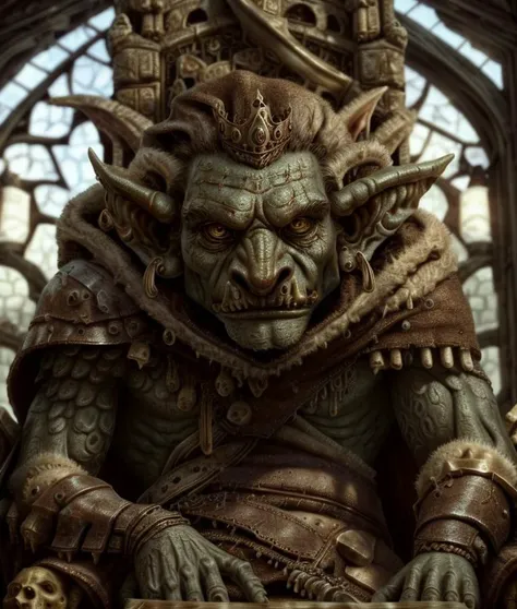 King of the Goblins, His commanding presence fills the frame as he sits upon his throne, a symbol of strength and authority. Every meticulous detail of his kingly attire, from the intricate engravings on his armor to the rich textures of his velvet cloak, is captured with astonishing realism. The flickering torchlight casts dynamic shadows, highlighting the rugged contours of his face and the gleam of determination in his eyes. Behind him, the grandeur of the goblin citadel unfolds with breathtaking realism, every stone and pillar rendered with meticulous precision. Sunlight streams through the stained glass windows, casting vibrant hues upon the ancient walls and lending an air of solemn majesty to the scene. The camera, set to a headshot perspective with a 70mm lens, allows the viewer to immerse themselves fully in the king's regal presence, capturing every subtle nuance of his expression and posture. With its lifelike detail and masterful use of lighting, this photorealistic depiction transports the audience into the heart of the goblin kingdom, where the King of the Goblins rules with unwavering strength and wisdom.
((Type of Image: Photorealistic))
((Art Styles: Realism))
((Art Inspirations: None specified))
((Camera: Headshot, 70mm lens))
((Render Related Information: Lifelike detail, masterful lighting))
<lora:g0blin - Goblin Concept:0.8> g0blin
<<lora:BoneMagic-22:0.8>, bonemagic, fragmented bones, dark magic, enchanted armor