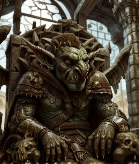 King of the Goblins, His commanding presence fills the frame as he sits upon his throne, a symbol of strength and authority. Every meticulous detail of his kingly attire, from the intricate engravings on his armor to the rich textures of his velvet cloak, is captured with astonishing realism. The flickering torchlight casts dynamic shadows, highlighting the rugged contours of his face and the gleam of determination in his eyes. Behind him, the grandeur of the goblin citadel unfolds with breathtaking realism, every stone and pillar rendered with meticulous precision. Sunlight streams through the stained glass windows, casting vibrant hues upon the ancient walls and lending an air of solemn majesty to the scene. The camera, set to a headshot perspective with a 70mm lens, allows the viewer to immerse themselves fully in the king's regal presence, capturing every subtle nuance of his expression and posture. With its lifelike detail and masterful use of lighting, this photorealistic depiction transports the audience into the heart of the goblin kingdom, where the King of the Goblins rules with unwavering strength and wisdom.
((Type of Image: Photorealistic))
((Art Styles: Realism))
((Art Inspirations: None specified))
((Camera: Headshot, 70mm lens))
((Render Related Information: Lifelike detail, masterful lighting))
<lora:g0blin - Goblin Concept:0.8> g0blin
<<lora:BoneMagic-22:0.8>, bonemagic, fragmented bones, dark magic, enchanted armor