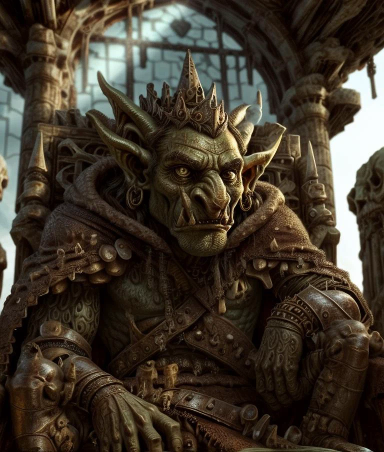 King of the Goblins, His commanding presence fills the frame as he sits upon his throne, a symbol of strength and authority. Every meticulous detail of his kingly attire, from the intricate engravings on his armor to the rich textures of his velvet cloak, is captured with astonishing realism. The flickering torchlight casts dynamic shadows, highlighting the rugged contours of his face and the gleam of determination in his eyes. Behind him, the grandeur of the goblin citadel unfolds with breathtaking realism, every stone and pillar rendered with meticulous precision. Sunlight streams through the stained glass windows, casting vibrant hues upon the ancient walls and lending an air of solemn majesty to the scene. The camera, set to a headshot perspective with a 70mm lens, allows the viewer to immerse themselves fully in the king's regal presence, capturing every subtle nuance of his expression and posture. With its lifelike detail and masterful use of lighting, this photorealistic depiction transports the audience into the heart of the goblin kingdom, where the King of the Goblins rules with unwavering strength and wisdom.
((Type of Image: Photorealistic))
((Art Styles: Realism))
((Art Inspirations: None specified))
((Camera: Headshot, 70mm lens))
((Render Related Information: Lifelike detail, masterful lighting))
<lora:g0blin - Goblin Concept:0.8> g0blin
<<lora:BoneMagic-22:0.8>, bonemagic, fragmented bones, dark magic, enchanted armor
