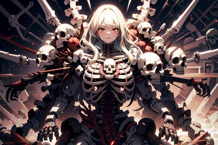 masterpiece, best quality, official art, (hand by Guido Daniele), extremely detailed CG unity 8k wallpaper, 1 girl, mecha musume, <lora:BoneMagic-22:0.8> bonemagic , energy stream, bones, skulls
