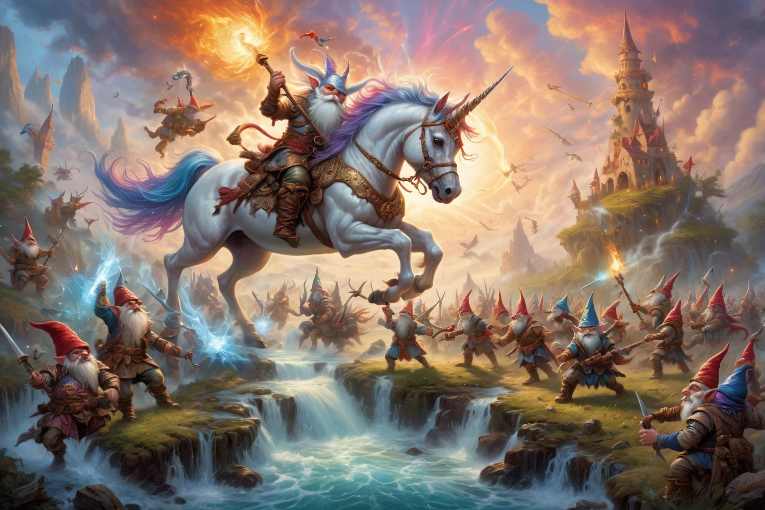 (best quality)++, (masterpiece)++, (detailed)+gnomes at war, unicorns at war (fantasy illustration)1.3, enchanting unicorns in battle, gnome warriors fighting unicorns , mystical warfare, (many gnomes fighting)1.4 (whimsical charm).4 Otherworldly charm, mystical sky, (Luis Royo)1.2, (Yoshitaka Amano)1.1, moonlit night, soft colors, (detailed cloudscape)1.3, (high-resolution)1.2 (gnomes everywhere fighting unicorns) 1.2 unicorn,1unicorn,2gnomes,4unicorn, squad of gnomes, bone magic, blood magic, arcane magic. <lora:unicorn_xl_v1:0.2> unicorn <lora:BoneMagic:0.8> bonemagic , energy stream <lora:BloodMagic:0.8> bloodmagic, fantasy, magical energy, blood
