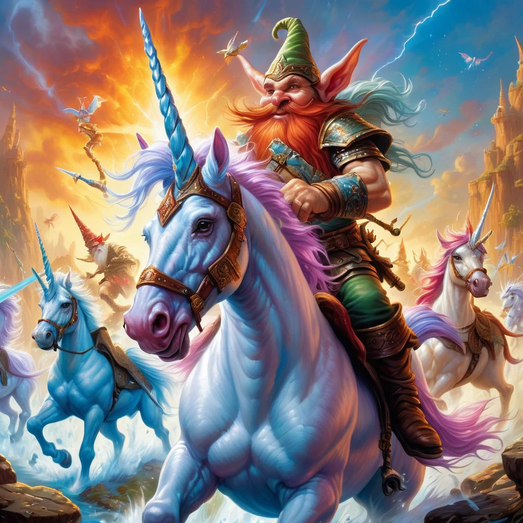 (best quality)++, (masterpiece)++, (detailed)+gnomes at war, unicorns at war (fantasy illustration)1.3, enchanting unicorns in battle, gnome warriors fighting unicorns , mystical warfare, (many gnomes fighting)1.4 (whimsical charm).4 Otherworldly charm, mystical sky, (Luis Royo)1.2, (Yoshitaka Amano)1.1, moonlit night, soft colors, (detailed cloudscape)1.3, (high-resolution)1.2 (gnomes everywhere fighting unicorns) 1.2 unicorn,1unicorn,2gnomes,4unicorn, squad of gnomes, bone magic, blood magic, arcane magic. <lora:unicorn_xl_v1:0.2> unicorn <lora:BoneMagic:0.8> bonemagic , energy stream <lora:BloodMagic:0.8> bloodmagic, fantasy, magical energy, blood