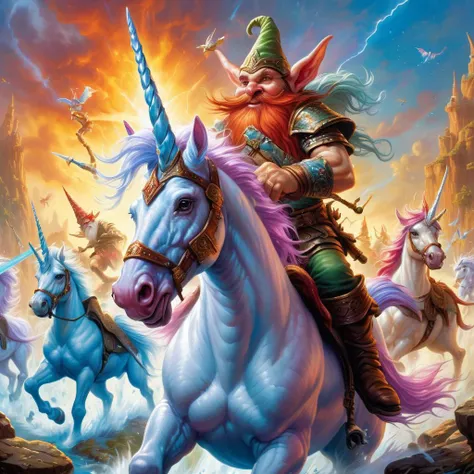 (best quality)++, (masterpiece)++, (detailed)+gnomes at war,  unicorns at war (fantasy illustration)1.3, enchanting unicorns in battle, gnome warriors fighting unicorns , mystical warfare, (many gnomes fighting)1.4 (whimsical charm).4 Otherworldly charm, mystical sky, (Luis Royo)1.2, (Yoshitaka Amano)1.1, moonlit night, soft colors, (detailed cloudscape)1.3, (high-resolution)1.2 (gnomes everywhere fighting unicorns) 1.2   unicorn,1unicorn,2gnomes,4unicorn, squad of gnomes, bone magic, blood magic, arcane magic. <lora:unicorn_xl_v1:0.2> unicorn <lora:BoneMagic:0.8> bonemagic , energy stream <lora:BloodMagic:0.8> bloodmagic, fantasy, magical energy, blood