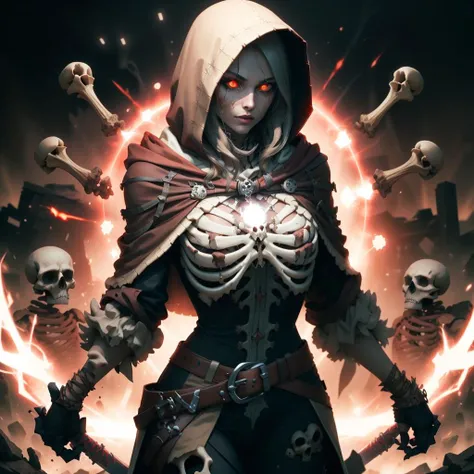 (summon skeleton),(alchemy field:1.3),(armor hakama)(summon skeleton), (RAW photo:1.2), (masterpiece:1.3),(best quality:1.4),ultra high res,(detailed clothes features),HDR,8k resolution, solo focus, bangs, skin tight, (shiny skin),(slender girl),dreamlike,(armor hakama),black thighhighs,
(extreme detailed illustration),check commentary,commentary request,scenery,no text,1girl, full body, long hair, black hair,medium breasts, cute, innocent,smile,(necromancer costume:1.4),(hooded cloak:1.2)