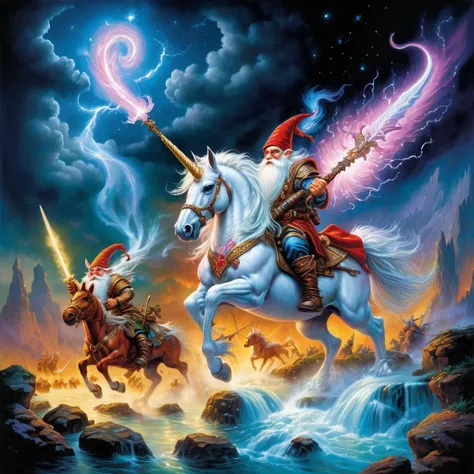 (best quality)++, (masterpiece)++, (detailed)+gnomes at war,  unicorns at war (fantasy illustration)1.3, enchanting unicorns in battle, gnome warriors fighting unicorns , mystical warfare, (many gnomes fighting)1.4 (whimsical charm).4 Otherworldly charm, mystical sky, (Luis Royo)1.2, (Yoshitaka Amano)1.1, moonlit night, soft colors, (detailed cloudscape)1.3, (high-resolution)1.2 (gnomes everywhere fighting unicorns) 1.2   unicorn,1unicorn,2gnomes,4unicorn, squad of gnomes, bone magic, blood magic, arcane magic. <lora:unicorn_xl_v1:0.2> unicorn <lora:BoneMagic:0.8> bonemagic , energy stream <lora:BloodMagic:0.8> bloodmagic, fantasy, magical energy, blood