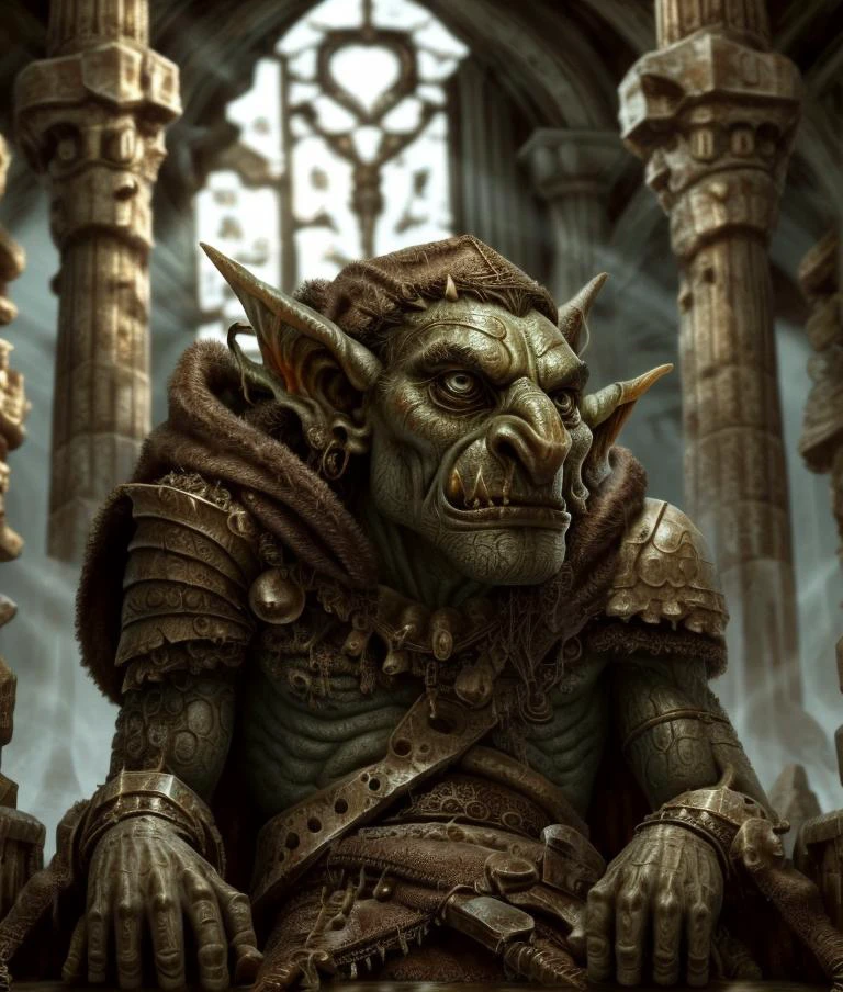 King of the Goblins, His commanding presence fills the frame as he sits upon his throne, a symbol of strength and authority. Every meticulous detail of his kingly attire, from the intricate engravings on his armor to the rich textures of his velvet cloak, is captured with astonishing realism. The flickering torchlight casts dynamic shadows, highlighting the rugged contours of his face and the gleam of determination in his eyes. Behind him, the grandeur of the goblin citadel unfolds with breathtaking realism, every stone and pillar rendered with meticulous precision. Sunlight streams through the stained glass windows, casting vibrant hues upon the ancient walls and lending an air of solemn majesty to the scene. The camera, set to a headshot perspective with a 70mm lens, allows the viewer to immerse themselves fully in the king's regal presence, capturing every subtle nuance of his expression and posture. With its lifelike detail and masterful use of lighting, this photorealistic depiction transports the audience into the heart of the goblin kingdom, where the King of the Goblins rules with unwavering strength and wisdom.
((Type of Image: Photorealistic))
((Art Styles: Realism))
((Art Inspirations: None specified))
((Camera: Headshot, 70mm lens))
((Render Related Information: Lifelike detail, masterful lighting))
<lora:g0blin - Goblin Concept:0.8> g0blin
<<lora:BoneMagic-22:0.8>, bonemagic, fragmented bones, dark magic, enchanted armor