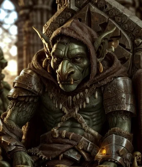 King of the Goblins, His commanding presence fills the frame as he sits upon his throne, a symbol of strength and authority. Every meticulous detail of his kingly attire, from the intricate engravings on his armor to the rich textures of his velvet cloak, is captured with astonishing realism. The flickering torchlight casts dynamic shadows, highlighting the rugged contours of his face and the gleam of determination in his eyes. Behind him, the grandeur of the goblin citadel unfolds with breathtaking realism, every stone and pillar rendered with meticulous precision. Sunlight streams through the stained glass windows, casting vibrant hues upon the ancient walls and lending an air of solemn majesty to the scene. The camera, set to a headshot perspective with a 70mm lens, allows the viewer to immerse themselves fully in the king's regal presence, capturing every subtle nuance of his expression and posture. With its lifelike detail and masterful use of lighting, this photorealistic depiction transports the audience into the heart of the goblin kingdom, where the King of the Goblins rules with unwavering strength and wisdom.
((Type of Image: Photorealistic))
((Art Styles: Realism))
((Art Inspirations: None specified))
((Camera: Headshot, 70mm lens))
((Render Related Information: Lifelike detail, masterful lighting))
<lora:g0blin - Goblin Concept:0.8> g0blin
<<lora:BoneMagic-22:0.8>, bonemagic, fragmented bones, dark magic, enchanted armor
