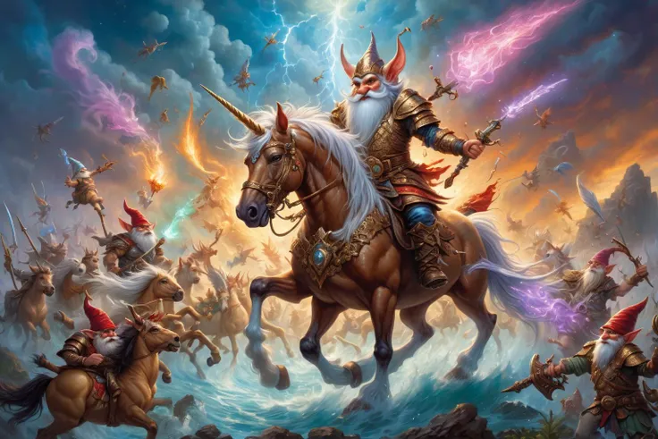 (best quality)++, (masterpiece)++, (detailed)+gnomes at war, unicorns at war (fantasy illustration)1.3, enchanting unicorns in battle, gnome warriors fighting unicorns , mystical warfare, (many gnomes fighting)1.4 (whimsical charm).4 Otherworldly charm, mystical sky, (Luis Royo)1.2, (Yoshitaka Amano)1.1, moonlit night, soft colors, (detailed cloudscape)1.3, (high-resolution)1.2 (gnomes everywhere fighting unicorns) 1.2 unicorn,1unicorn,2gnomes,4unicorn, squad of gnomes, bone magic, blood magic, arcane magic. <lora:unicorn_xl_v1:0.2> unicorn <lora:BoneMagic:0.8> bonemagic , energy stream <lora:BloodMagic:0.8> bloodmagic, fantasy, magical energy, blood