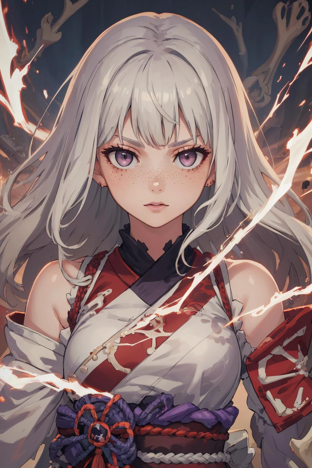 masterpiece, best quality, <lora:detail_slider_v4:1.0>,
<lora:GoodHands-beta2:0.8>,
1 girl, adult woman, freckles, grey eyes, white wavy hair, ombre, bangs,
solo, half shot, looking at viewer, detailed background, detailed face, (<lora:BoneMagic:0.6>, fragmented bones, energy stream, bonemagic theme:1.1), shogun, purple samurai clothing, samurai crest, banner in background, wind, cinematic atmosphere,