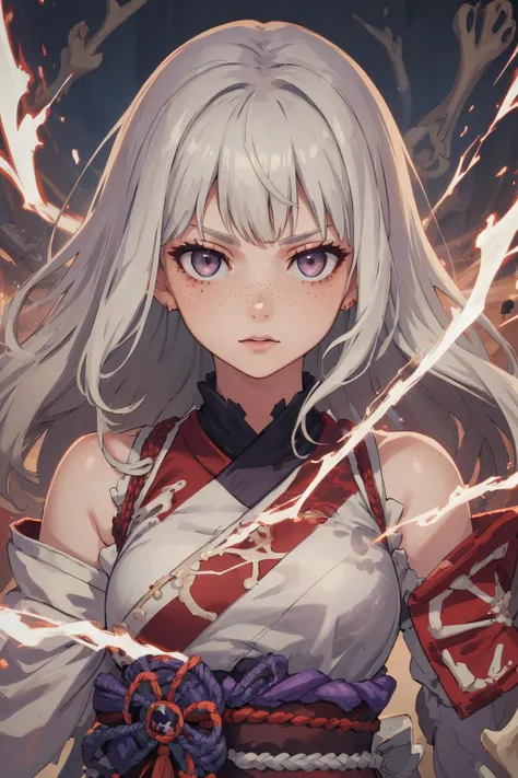 masterpiece, best quality, <lora:detail_slider_v4:1.0>,
<lora:GoodHands-beta2:0.8>,
1 girl, adult woman, freckles, grey eyes, white wavy hair, ombre, bangs,
solo, half shot, looking at viewer, detailed background, detailed face, (<lora:BoneMagic:0.6>, fragmented bones, energy stream, bonemagic theme:1.1), shogun, purple samurai clothing, samurai crest, banner in background, wind, cinematic atmosphere,