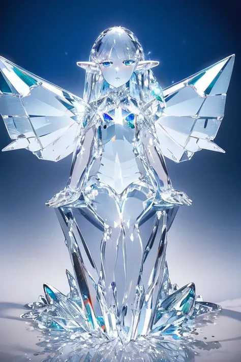 (best quality:1.2) (4k:1.) (very high resolution:1.1) , (realistic photograph:1.1) , (ultra detailed CG:1.1) , official concept art ,
sculpture made of crystal , statue , no human , 1girl elf , solo , (detailed face:1) , (small breasts:1) , full body , transparent body and wings , sitting , 
<lora:crystal_v1:1> (phcrystal:1) , colorful crystal , gems , <lora:glasssculpture_v8:.8> (glasssculpture:.95) , translucent , transparent , reflection , RTX , lay tracing