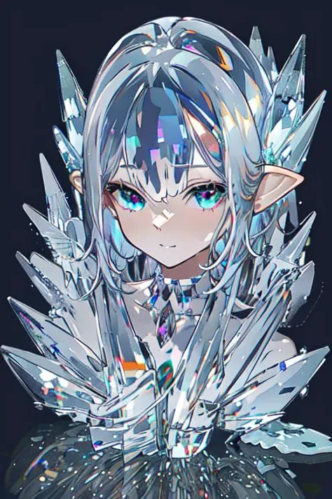 (best quality:1.2) (4k:1.) (very high resolution:1.1) , (realistic photograph:1.1) , (ultra detailed CG:1.1) , official concept art ,
sculpture made of crystal , statue , no human , 1girl elf , solo , (detailed face:1) , (small breasts:1) , (short wavy hair:1) , upper body , transparent body ,
<lora:crystal_v1:1> (phcrystal:1) , colorful crystal , gems , <lora:glasssculpture_v8:.8> (glasssculpture:.95) , translucent , transparent ,reflection ,
RTX , lay tracing , particles