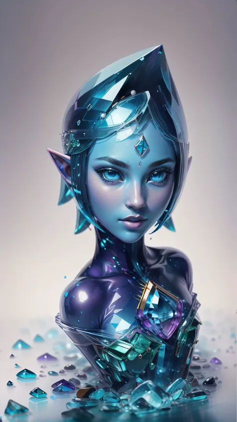 (best quality:1.2) (4k:1.) (very high resolution:1.1),(realistic photograph:1.1),(ultra detailed CG:1.1),official concept art,sculpture made of crystal,no human,1girl elf,solo,(detailed face:1),(small breasts:1),full body,transparent body,sitting,<lora:crystal_v1:1>,(phcrystal:1),colorful crystal,gems,(translucent),(transparent),reflection,RTX,lay tracing,<lora:FiSS4:1>,blue eyes,blank eyes,no pupils,colored skin,blue skin,blue hair,body jewel,forehead jewel,(full body),<lora:GlassTech-20>, glasstech,