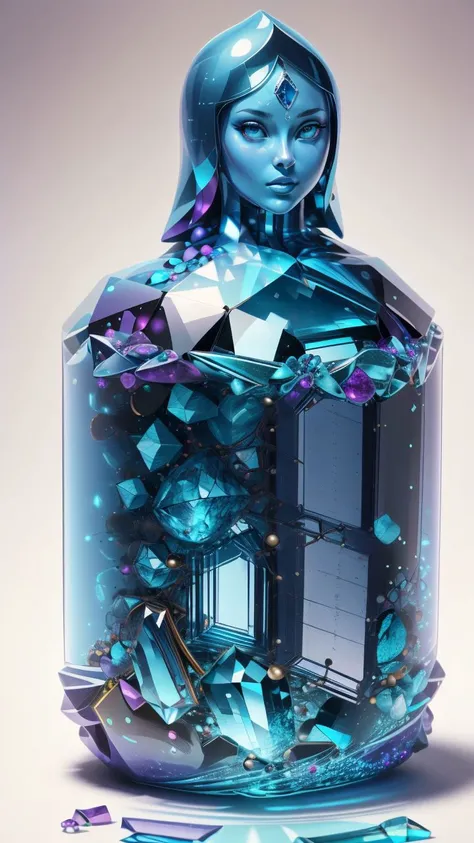 (best quality:1.2) (4k:1.) (very high resolution:1.1),(realistic photograph:1.1),(ultra detailed CG:1.1),official concept art,no human,1girl,solo,(detailed face:1),(small breasts:1),full body,transparent body,sitting,<lora:crystal_v1:1>,(phcrystal:1),colorful crystal,gems,(translucent),(transparent),reflection,RTX,lay tracing,<lora:FiSS4:1>,blue eyes,blank eyes,(no pupils),(colored skin),(blue skin),blue hair,body jewel,forehead jewel,(full body),<lora:GlassTech-20>,