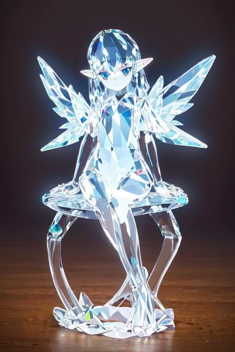 (best quality:1.2) (4k:1.) (very high resolution:1.1) , (realistic photograph:1.1) , (ultra detailed CG:1.1) , official concept art ,
sculpture made of crystal , statue , no human , 1girl elf , solo , (detailed face:1) , (small breasts:1) , full body , transparent body and wings , sitting ,
<lora:crystal_v1:1> (phcrystal:1) , colorful crystal , gems , <lora:glasssculpture_v8:.8> (glasssculpture:.95) , translucent , transparent , reflection , RTX , lay tracing