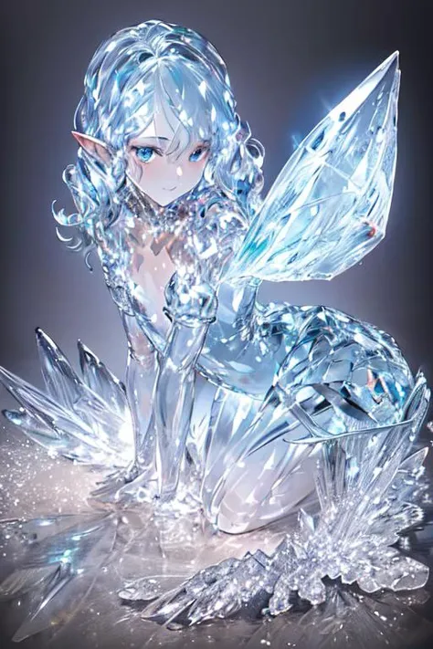 (best quality:1.2) (4k:1.) (very high resolution:1.1) , (realistic photograph:1.1) , (ultra detailed CG:1.1) , official concept art ,
sculpture made of crystal , statue , no human , 1girl elf , solo , (detailed face:1) , (small breasts:1) , (short wavy hair:1) , upper body , transparent body , 
<lora:crystal_v1:1> (phcrystal:1) , colorful crystal , gems , <lora:glasssculpture_v8:.8> (glasssculpture:.95) , translucent , transparent ,reflection , 
RTX , lay tracing , particles