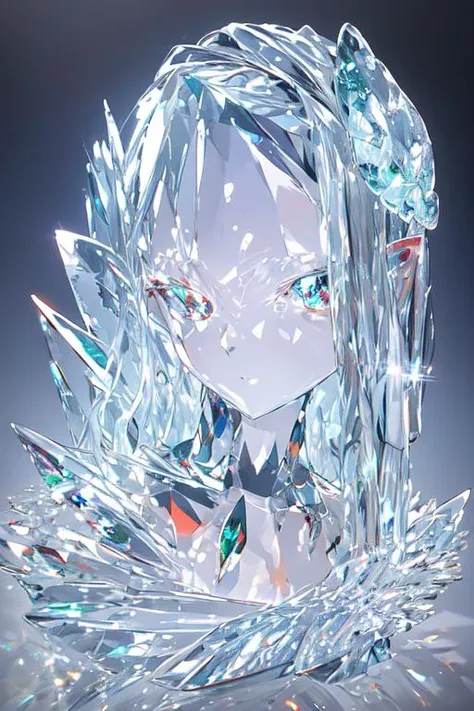 (best quality:1.2) (4k:1.) (very high resolution:1.1) , (realistic photograph:1.1) , (ultra detailed CG:1.1) , official concept art ,
sculpture made of crystal , statue , no human , 1girl elf , solo , (detailed face:1) , (small breasts:1) , (short wavy hair:1) , upper body , transparent body ,
<lora:crystal_v1:1> (phcrystal:1) , colorful crystal , gems , <lora:glasssculpture_v8:.8> (glasssculpture:.95) , translucent , transparent ,reflection ,
RTX , lay tracing , particles
