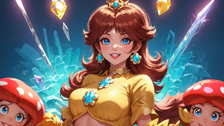 highres,masterpiece,perfect ligthing,bloom,cinematic lighting,adult,perfect skin,female,cowboy shot,smile,narrow waist,skinny,<lora:Daisy_Lora:1>,Daisy_SM,choker,detailled eyes,blue eyes,choker,sensual,mushrooms,mushroom kingdom,pink lips,((glossy lips)),pursed lips,yellow pumps,glossy skin,oily skin,beautiful light,(day:1.3),bright,looking at viewer,(<lora:crystal_v1:0.7> phcrystal),