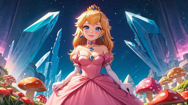 highres,masterpiece,perfect ligthing,bloom,cinematic lighting,adult,perfect skin,female,cowboy shot,smile,narrow waist,skinny,<lora:PrincessPeachMovie:0.6>,(PrincessPeach),(Princess Peach),choker,detailled eyes,blue eyes,choker,sensual,mushrooms,mushroom kingdom,pink lips,((glossy lips)),pursed lips,pink pumps,glossy skin,oily skin,beautiful light,(day:1.3),bright,looking at viewer,(<lora:crystal_v1:0.7> phcrystal),