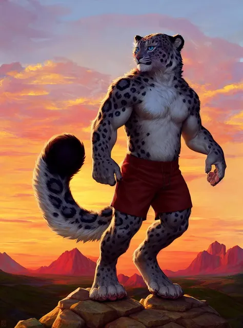 <|startoftext|> high res, absurd res, (realistic:0.8), male, anthro, snow leopard, (muscular:1.1), standing, solo, (4 toes:1.2), shorts, (long tail:1.0), (digitigrade:1.0), blue eyes, digital painting \(artwork\), far mountains, rocks, [by snowskau:by alsares:0.7]