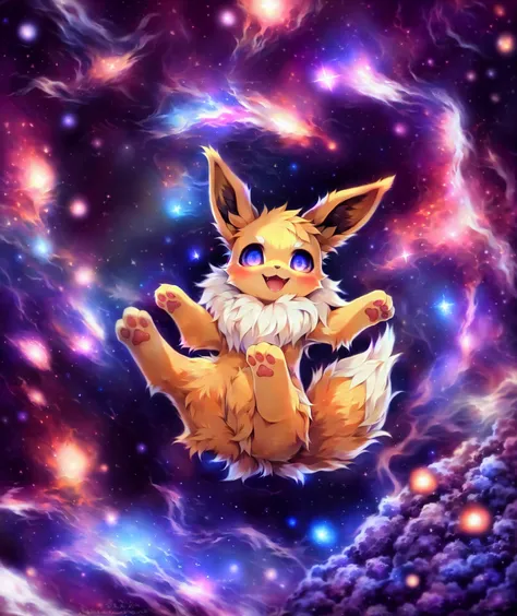 eevee, solo, feral, daww, fluffy fur, looking up, big eyes, (glowing eyes, reflective eyes), floating, space, digitigrade, happy, detailed background, oort cloud, galaxy, fluffy tail, pawpads, 3 toes, BREAK hi res, by wolfwithwing, by soda uyu, by reysi, by cotora, [by dagasi], (by terry grimm:1.2)