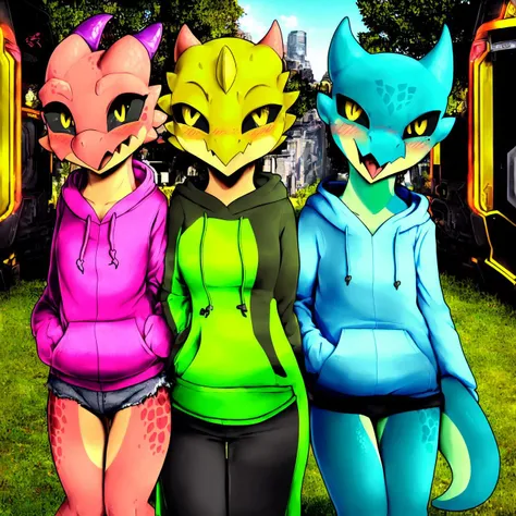 (female, anthro:1.0), (lizard, scalie, (kobold:1.2):1.0), (beak:1.1), (looking at viewer:1.2), tongue, (open mouth:1.0), (yellow eyes, black sclera:1.2), hotpants, (hoodie:1.1), (scales:1.1), pinup, shy, blush, blush lines, (slim:1.2), feet focus, science fiction, outside, photography \(artwork\), masterpiece, vibrant, sunny, dynamic light, detailed background,