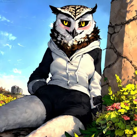 (female, anthro:1.0), (bird, avian, (owl:1.2):1.0), (beak:1.1), (looking at viewer:1.2), tongue, (open mouth:1.0), (yellow eyes, black sclera:1.2), hotpants, (hoodie:1.1), (fluffy:1.1), pinup, shy, blush, blush lines, (slim:1.2), feet focus, science fiction, outside, photography \(artwork\), masterpiece, vibrant, sunny, dynamic light, detailed background,.BREAK by kenket, by claweddrip, by thebigslick, by hioshiru