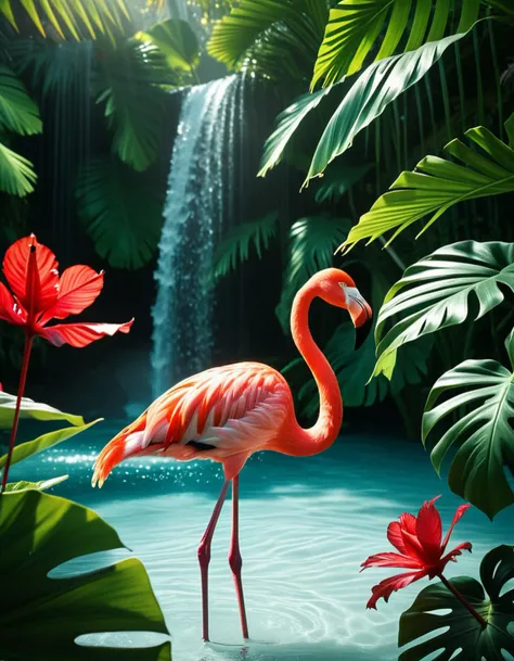 Wide angle digital illustration, (Vibrant flamingo standing in turquoise water:1.3), Central composition, Immersed mid-leg, (Bright pink plumage with red and white hues:1.2), Holding a silver fish in its beak, Dynamic water splashes, (Majestic waterfall background:1.2), Cascading water spanning the full width, (Gentle mist at the base:1.2), Sun rays filtering through dense jungle trees, (Lush tropical foliage:1.3), Green monstera leaves, Palm fronds, (Hanging vines:1.2), Bright red flowers on the left, Soft yet bright lighting, Sunny tropical moment, Natural shadow play, Enhanced contrasts, Rich color palette.Masterpiece,best quality,hi res,8k,hi res,8k,award winning,(sharp focus, intricate, highly detailed),