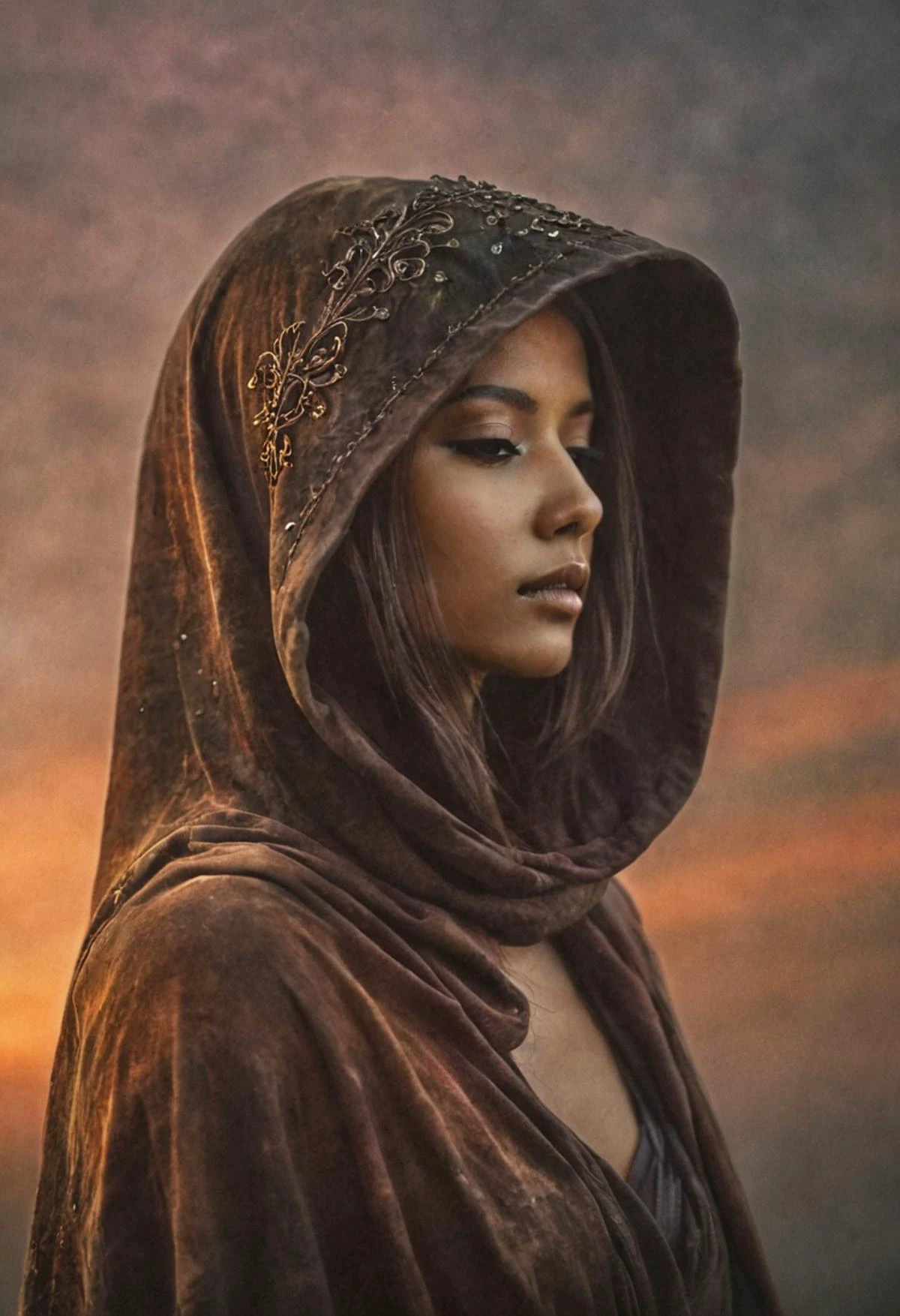 Airbrushing (Beautiful mystical allure)
If forgiveness were easy, it would not be so necessary to hide behind guilt, hesitant to confess all that had taken place. Despite the allure of the light of forgiveness, we remain in the darkness.
Dark silhouette. Side view. Intricate and detailed hood.
(Blissful sunset hues), warm hues, warm tones.
Using airbrushing for art, often for smooth gradients, spray effects.
Fantasy style. Fantasy dreamlike art.
Atmospheric. Moody. Misty. Rustic.