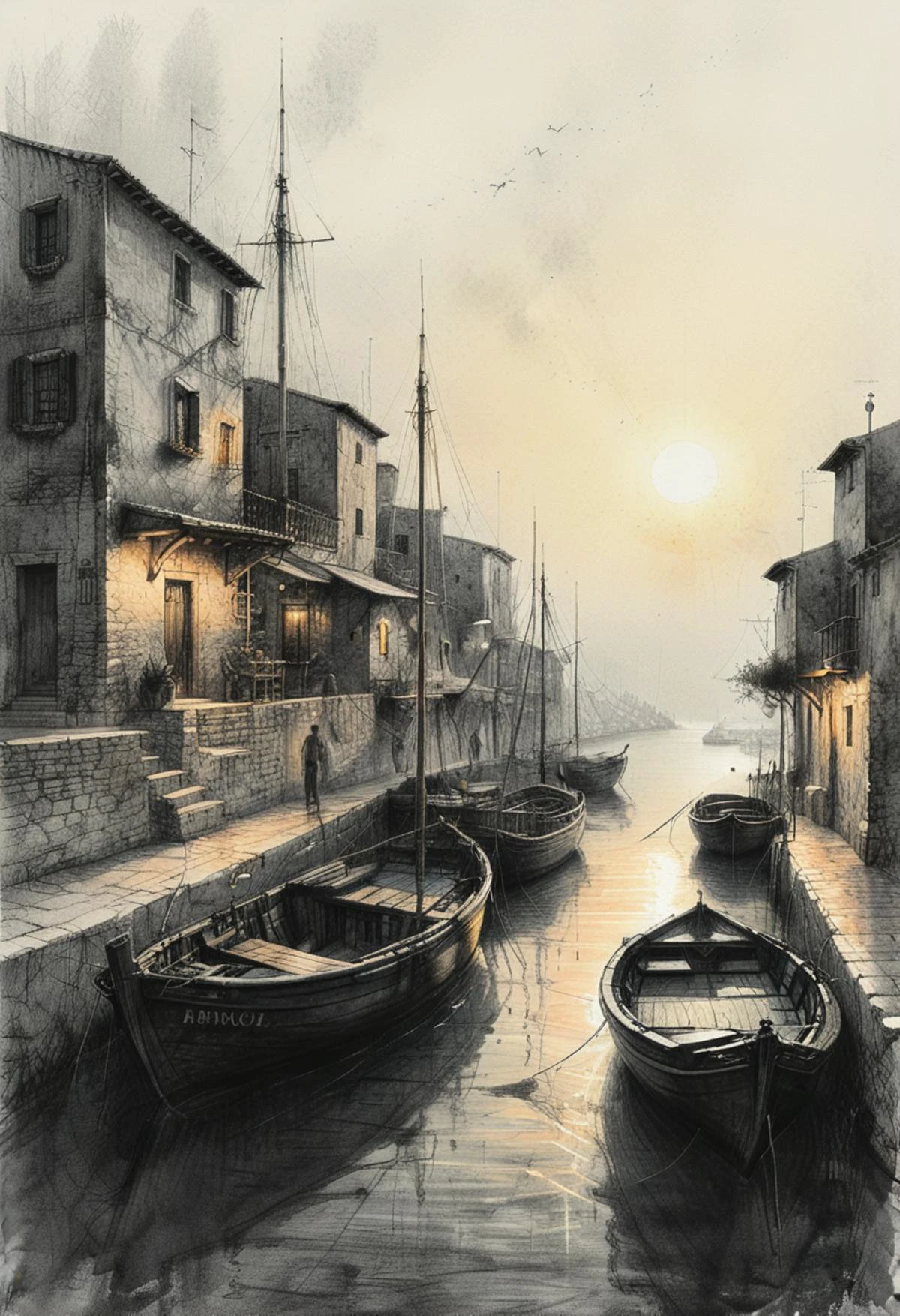 A concept art with black Pencil drawing of fishing boats in an old Mediterranean village port on sunset. In style of Greg Girard, Marc Simonetti and Dimitry Roulland.
(side view:1.2), Photorealistic crayon drawing, professional, sleek, modern, minimalist, graphic, line art, intricate details, light and shadow play, sunset