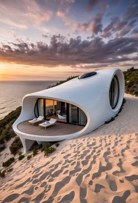 A beautiful seaside tiny house at sunset, art by Zaha Hadid.