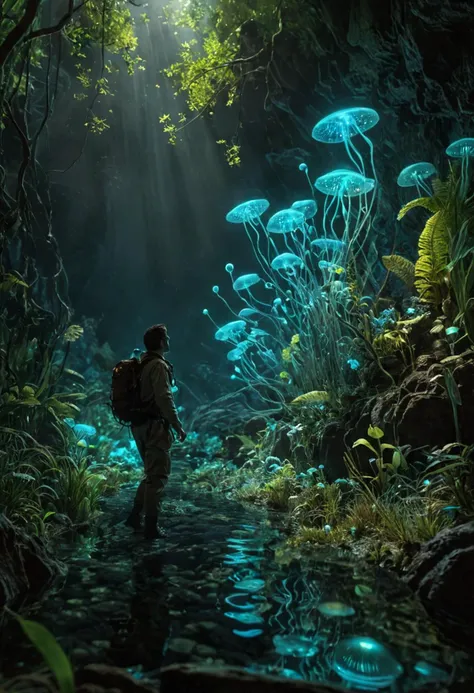 Time traveler, arriving in a bioluminescent past era. 
glow
photography. Natural geographic photo. Hyper-realistic, 16k resolution, intricate details.
(masterpiece, award winning artwork)
many details, extreme detailed, full of details,
Wide range of colors, high Dynamic
sss, translucent, subsurface, scattering
