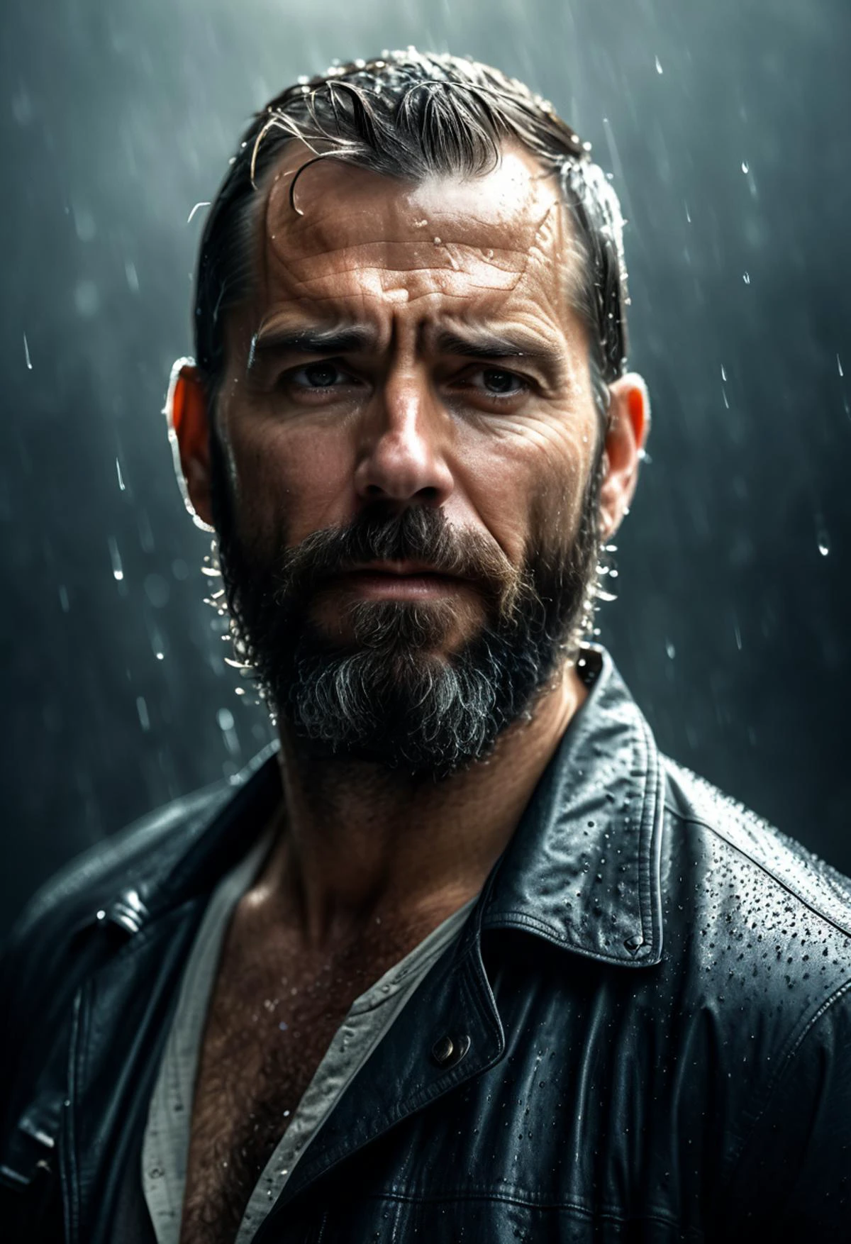 A documentary Photography of a captivating portrait of a 43 years old bearded man,rain drop,amazing skin details. Three-Quarter View, shot with Canon EOS 5D, (Cinematic Lighting,:1.3), golden ratio,art by Alberto Seveso, photorealistic, professional, RAW Photo, ultra detailed, RAW imagery, 8K, DSLR allure, meticulous detail, emotional, harmonious,