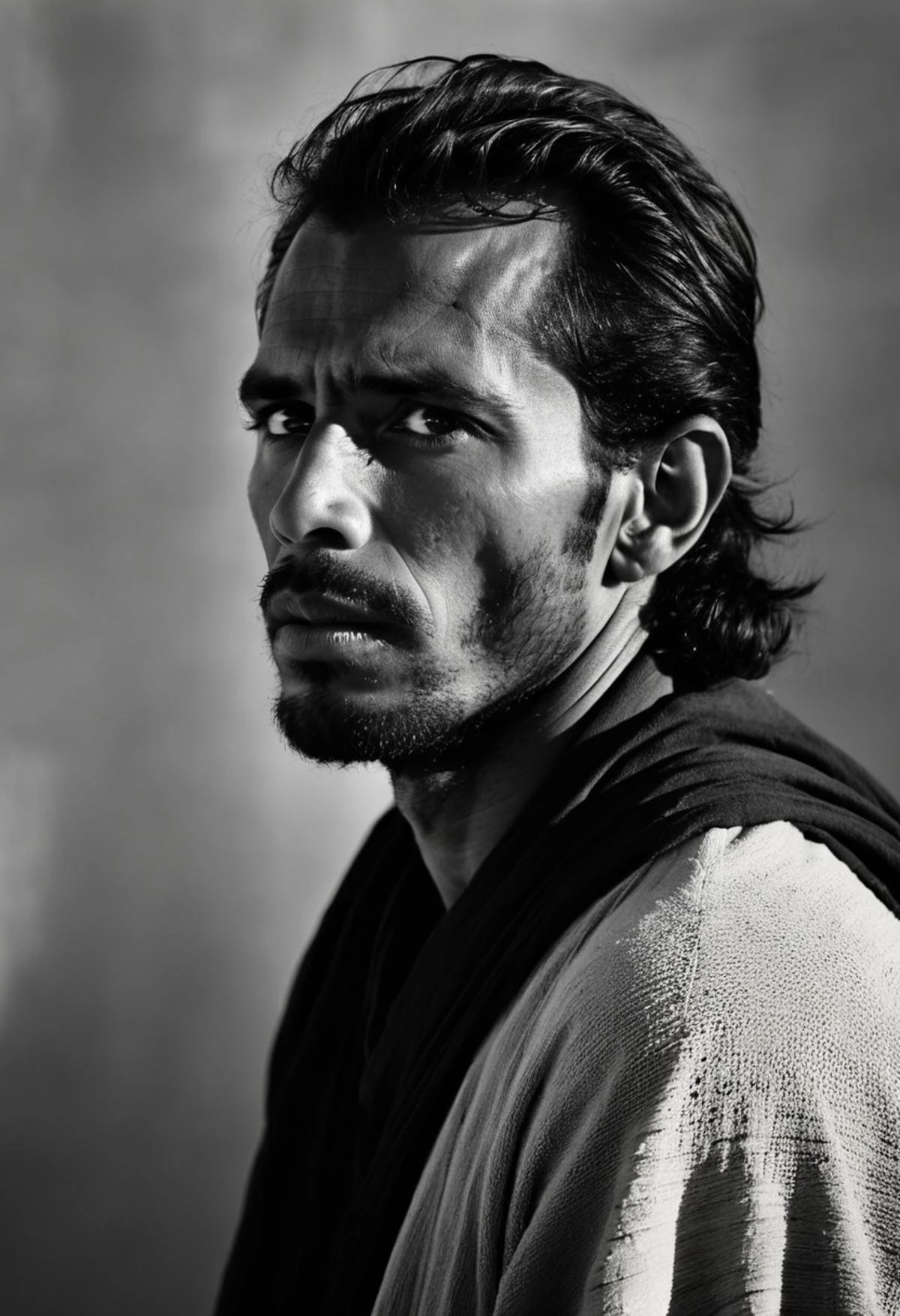 A dreamy Haze Photography of a tuareg shepherd looking away,head and shoulders portrait, Light & Shadow play, rule of thirds,art by Shirin Neshat, photorealistic, Skin details, Skin pores, skin blemished and small wrinkles, emotional,