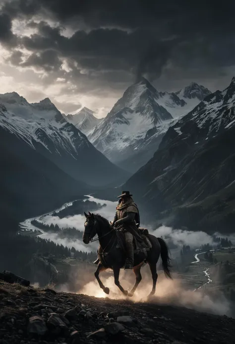 san martin 
epic shot of san martin en su caballo cruzando la cordillera de los andes, epic extreme long shot, dark mood and strong backlighting, volumetric lights, smoke volutes, art station HQ, unreal engine, octane renderer, HQ, 8K