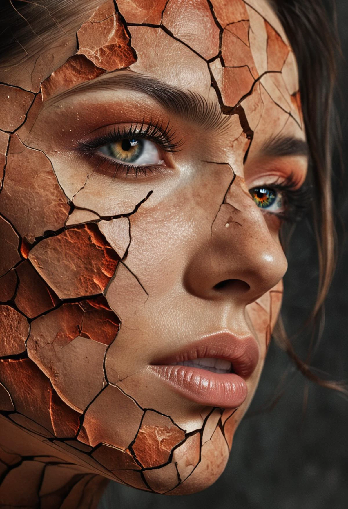 a close up of a person's face on a cracked surface, inspired by Alberto Seveso, featured on zbrush central, portrait of an android, fractal human silhouette, realistic 3 d render, subject made of cracked skin, woman, made of lava