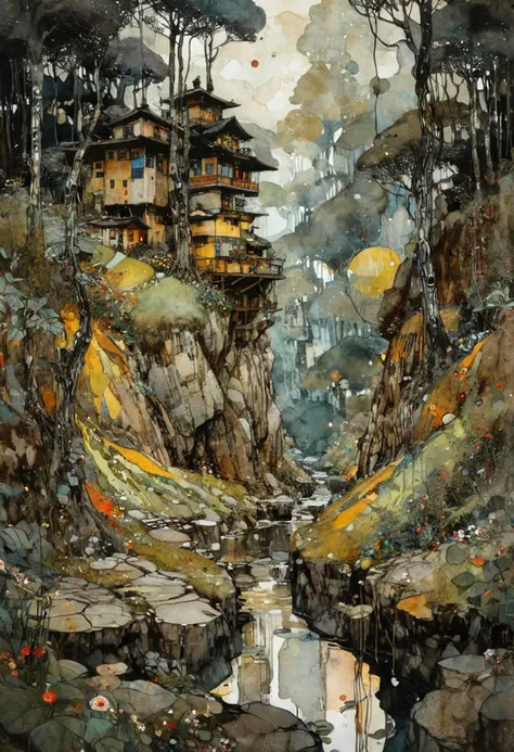 mysterious landscape, by Gustav Klimt, artistic impressionist watercolor paint by Russ Mills and Friedensreich Hundertwasser, intricate, cinematic lighting, highly detailed, smooth, sharp focus, perfect balanced style, amazing depth, complementary colors