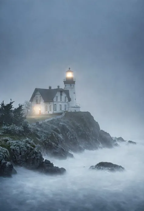 The island lighthouse in 'Melancholy Mists', enveloped by gentle, melancholic layers of midnight blue fog, evoking the introspective beauty of memories past in the delicate unfurling frost tendrils