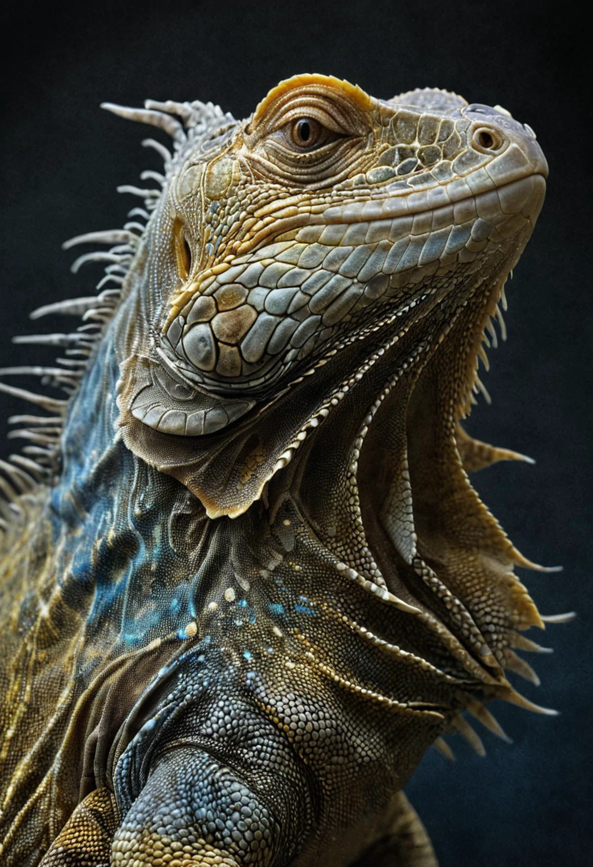 (masterpiece, best quality, hyper detailed, ultra realistic, 32k, RAW photo) a tanning iguana closeup in blue and gold, realistic, perfect composition and chiaroscuro by Rembrandt, concept art, by Jarek Kubicki
