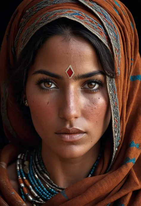 a beautiful (half-body:1.2) photograph of an berber woman, art by Paul Barson, Rui Palha, Steve McCurry, Will Burrard-Lucas, photorealistic, Head and shoulders portrait, Three-Quarter View, Skin details, Skin pores, diagonal lines, Depth of field