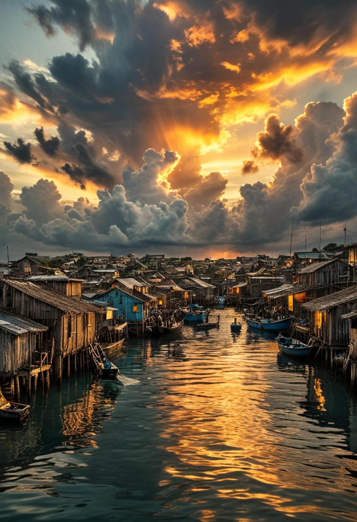 a breathtaking photograph of an underwater modern fishing village inspired by waterworld, sunset, golden hours, intricate light and shadow play; dramatic skies, detailed clouds, rain pours from the black belly of cloud, leading lines, evocative, carefully composed, meticulous aesthetics, full grey spectrum, middle-tone contrast, rule of thirds composition,
inspired by Chris Friel.
