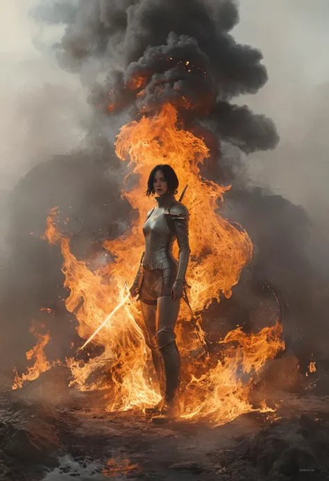 burning heroine, fantasy concept art, cinematic, art by Joris Laarman, Ann Veronica Janssens, Tom Dixon, Tony Cragg.