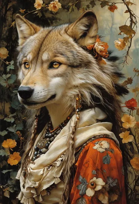 a beautiful half wolf woman, unreal, fantastic, magical, chimera, art by Martin Wittfooth, Jan Saudek, jean-baptiste Monge, Heather Theurer, Gerald Brom, Tami Bone