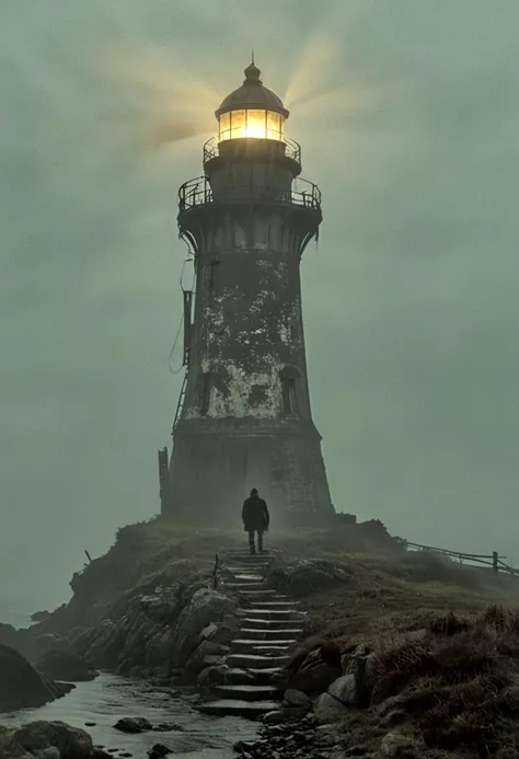 In a grainy, handheld video, a lone explorer investigates an old, decrepit lighthouse on a foggy night. As he ascends the spiral staircase, strange whispers and ghostly moans fill the air. At the top, he encounters a monstrous, ethereal being with tentacles and multiple glowing eyes. The footage is chaotic and filled with static, capturing the explorer's terror and the creature's unearthly presence.