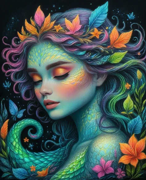 chalk pastels illustration on black of a very detailed siren, alluring beauty, awesome appearance, magical landscape with enchanted elements, fantasy art style, lime green, hot pink, fluorescent orange theme, intricate details, ultra sharp, exquisite detail, flawless composition, vivid colors, masterpiece, exciting background, <lora:novuschroma13 style_b:1> novuschroma13 style pastels,