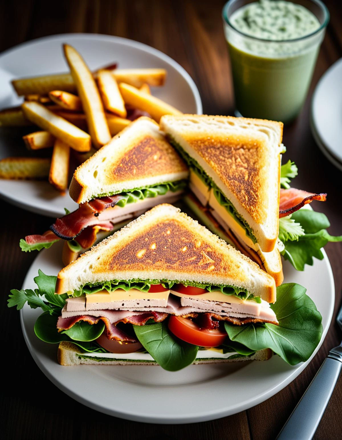 Top-down view digital photography, (Club sandwich neatly arranged on white plate:1.2), Centered composition, Crisp toasted bread, Layers of turkey, bacon, lettuce, tomato, and cheese, (Golden brown crust:1.3), Garnished with fresh parsley, Accompanied by a side of crisp fries, Wooden table with subtle grain patterns, (Soft ambient restaurant lighting:1.2), Captured with a Canon EOS R5, 50mm f/1.8 lens, High dynamic range, vivid colors, rich textures, clear shadows and highlights, realistic, enhanced contrast.Masterpiece,best quality,hi res,8k,hi res,8k,award winning,(sharp focus, intricate, highly detailed),